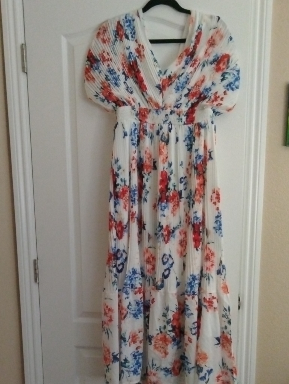 Floral White V-Neck Maxi Dress with Blue & Coral Blooms